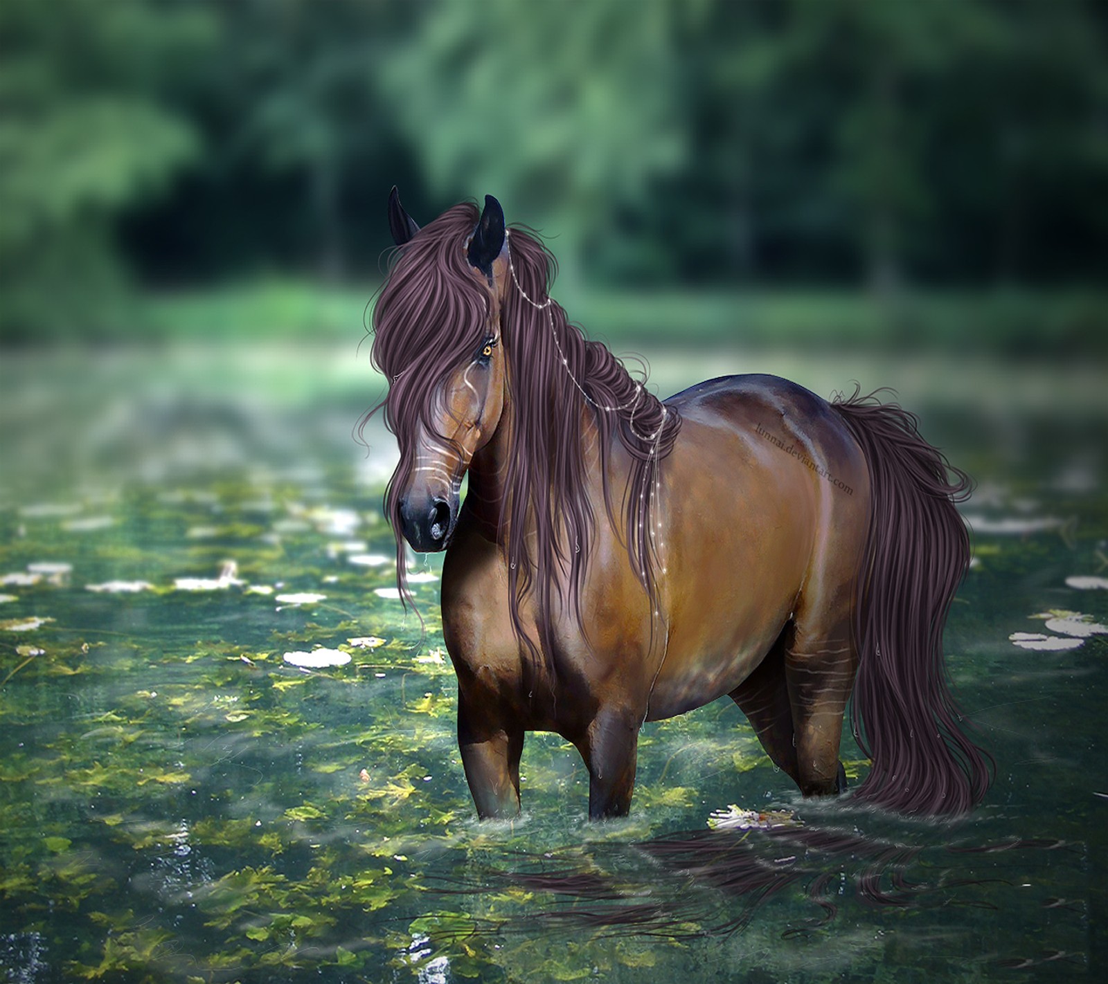 Hay un caballo que está de pie en el agua (caballo, salvaje)