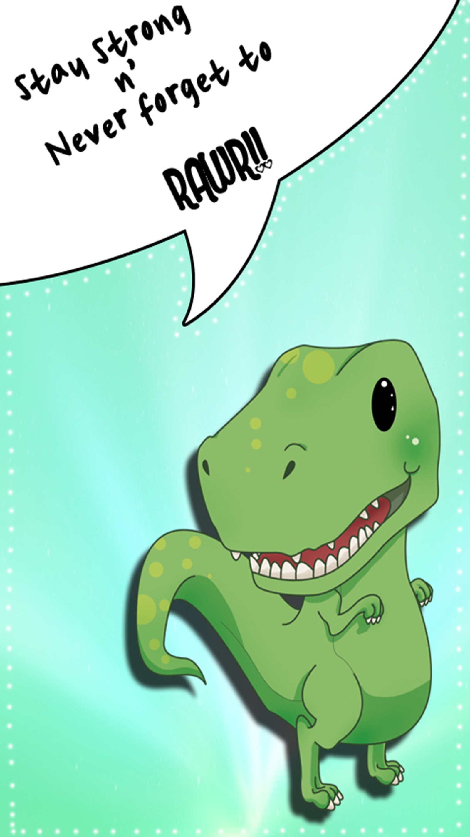 There is a cartoon dinosaur with a speech bubble saying it's okay (chibi, cute, dinosaur, kawaii, mint)