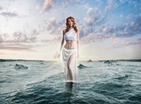 Enchanting Woman Emerges from the Ocean Under a Summer Sky