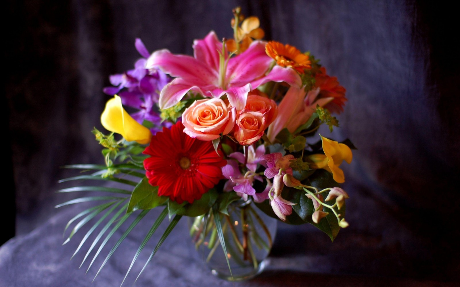 Il y a un vase avec un bouquet de fleurs dedans (marguerite du transvaal, rose, dessin floral, bouquet de fleurs, orchidées)