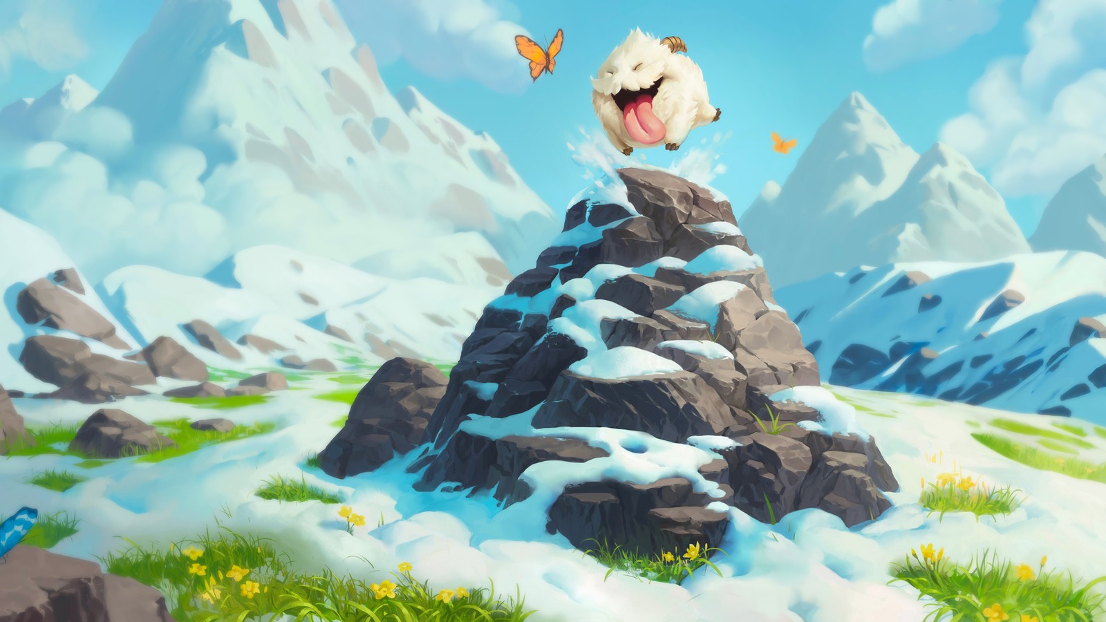 Un chien de dessin animé se tenant au sommet d'une montagne avec un papillon volant au-dessus (legends of runeterra, jeu vidéo, jubilant poro)