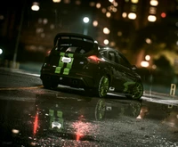 Ford hatchback with custom green accents and aerodynamic spoiler, illuminated by city lights in a rainy urban setting.