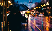 City Rain: Illuminated Streets Under Umbrella