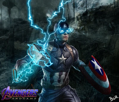 Capitán América empuñando Mjolnir en medio del trueno en Vengadores: Endgame