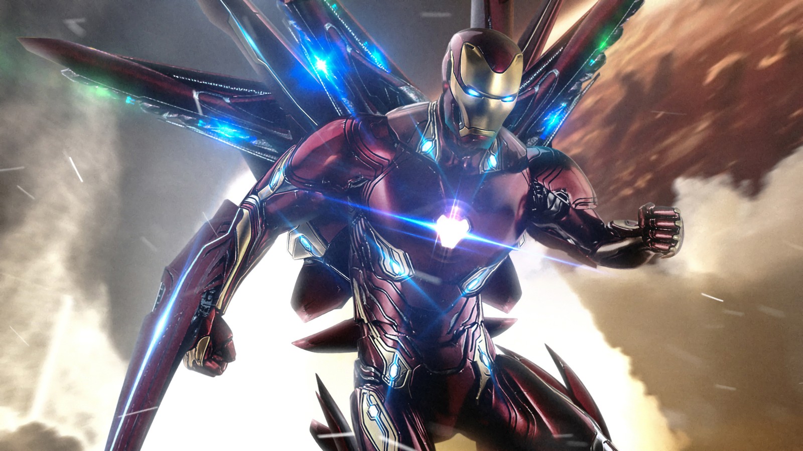 A close up of a robot with a glowing body and wings (iron man, infinity stones, avengers endgame, movie)