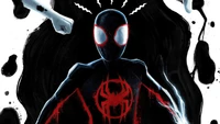 Miles Morales as Spider-Man, poised against a dark, dynamic backdrop, embodying action and intensity from "Spider-Man: Across the Spider-Verse.