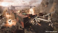 Intense aerial combat scene in Battlefield 2042, showcasing destruction and chaos on a war-torn battlefield.