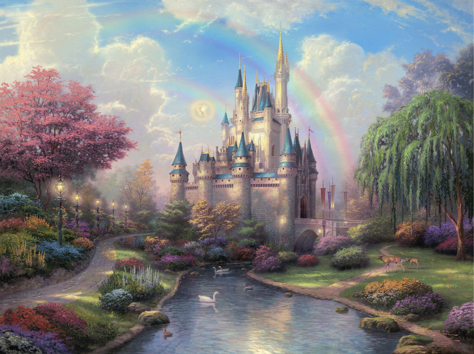 A painting of a castle with a rainbow in the sky (nature, painting, landscape, art, painter)