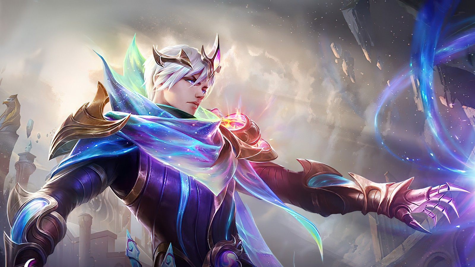 Une femme en tenue violette tenant une épée dans une pièce sombre (gusion, révélation de lâme, mobile legends, bang bang, mlbb)