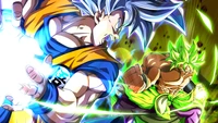 Son Goku tritt gegen Broly in einem intensiven Duell an und zeigt ihre kraftvollen Energieangriffe in einem lebendigen, dynamischen Anime-Stil.