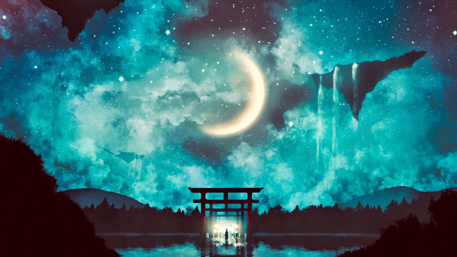 Uma pintura de uma pessoa em pé na frente de um lago sob uma lua crescente (porta do santuário, noite, céu, anime, cenário)