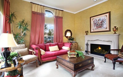 Elegant Living Room with Stylish Curtains and Cozy Fireplace