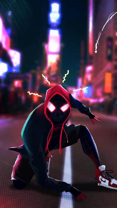 Nuit dynamique à Times Square : Miles Morales en action