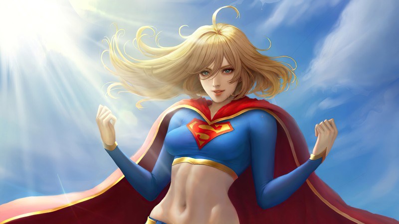 Женщина в костюме супермена стоит в небе (супердевушка, supergirl, dc comics, супергерой, девочки)