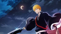 Ichigo Kurosaki in the Thousand Year Blood War, ready for battle under a crescent moon.