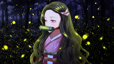 Nezuko Kamado, umgeben von Glühwürmchen in einem mystischen Waldhintergrund