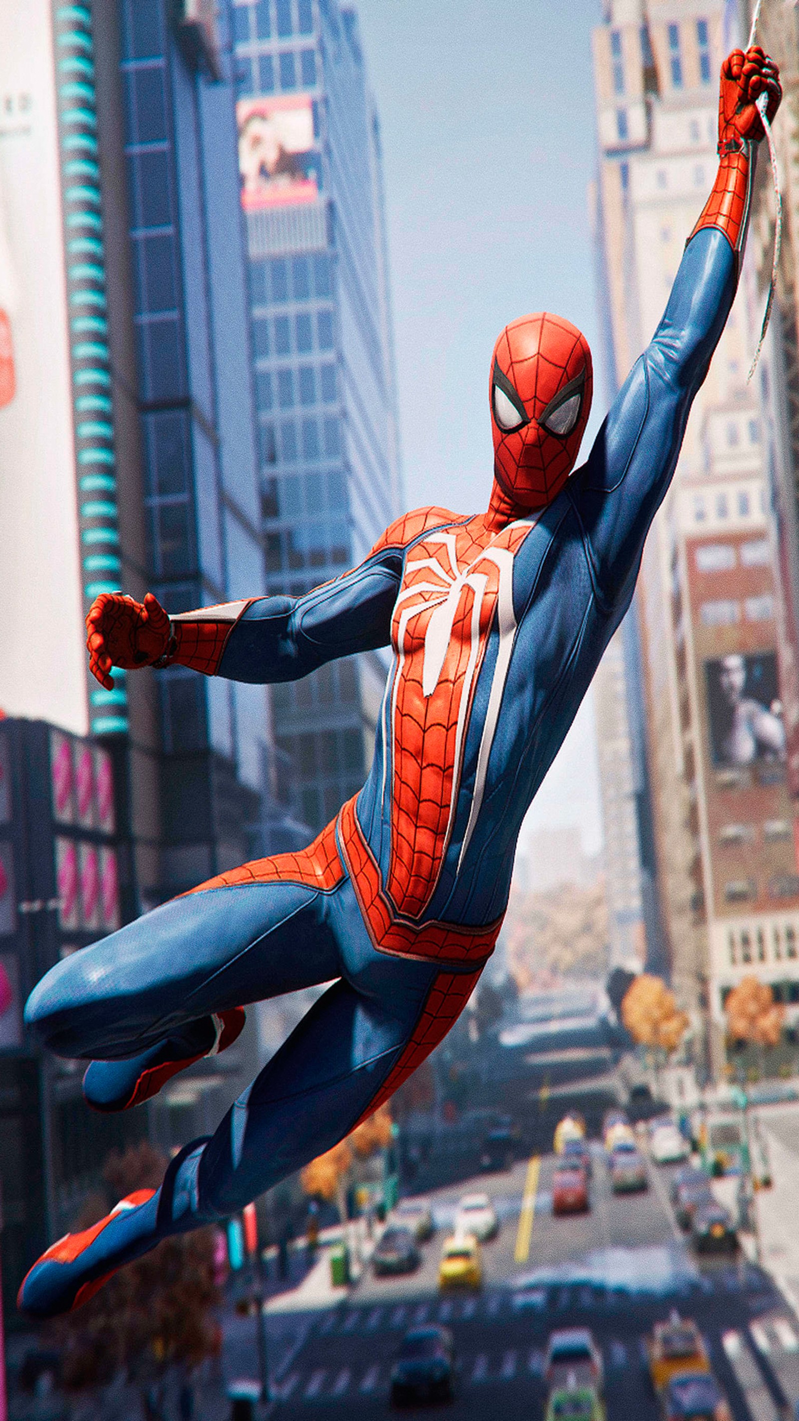 Spider-man vole dans les airs dans une ville avec de grands bâtiments. (spider man, playstation 4, playstation 5, ign, rouge)