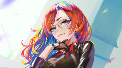 Chica de anime llamativa con cabello rojo vibrante y gafas