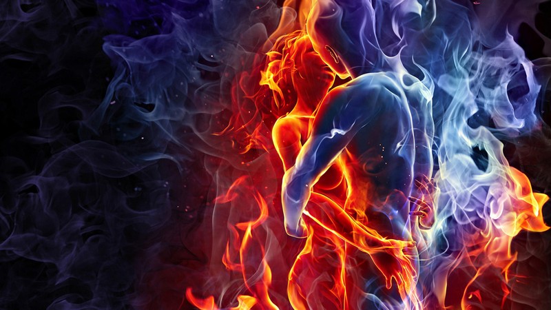 A close up of a person standing in front of a fire (fire, art, heat, flame, poster)