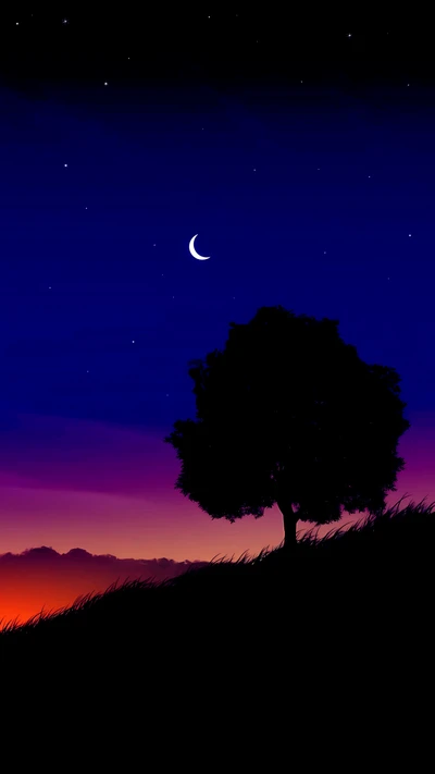 Silhouetted Tree Under a Crescent Moon in a Tranquil Twilight Landscape