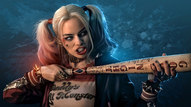 Харли держит биту с татуировкой на ней (harley quinn, бейсбольная бита, dc comics, комиксы)