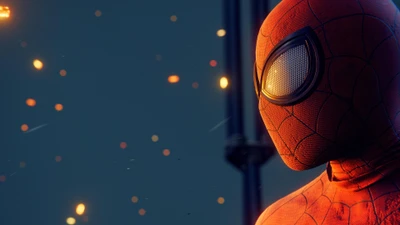 Miles Morales als Spider-Man in einer lebendigen, dynamischen Umgebung mit elektrischen Blau- und Orangetönen, umgeben von einer kosmischen Atmosphäre.