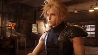 Cloud Strife in a detailed scene from Final Fantasy VII Remake.