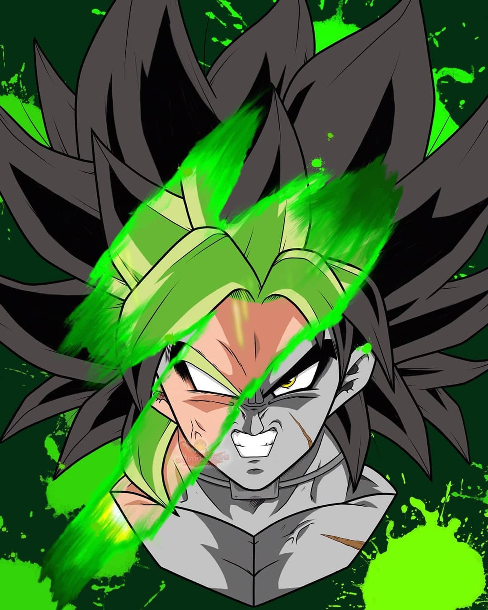 Eine zeichnung von einem jungen gohan mit grüner farbe im gesicht (broly, ssj, dragonball super, dragonballsuper, lssj)