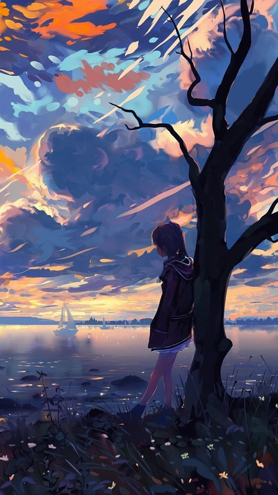 Solitude at Dusk: A Manga Reflection by the Water