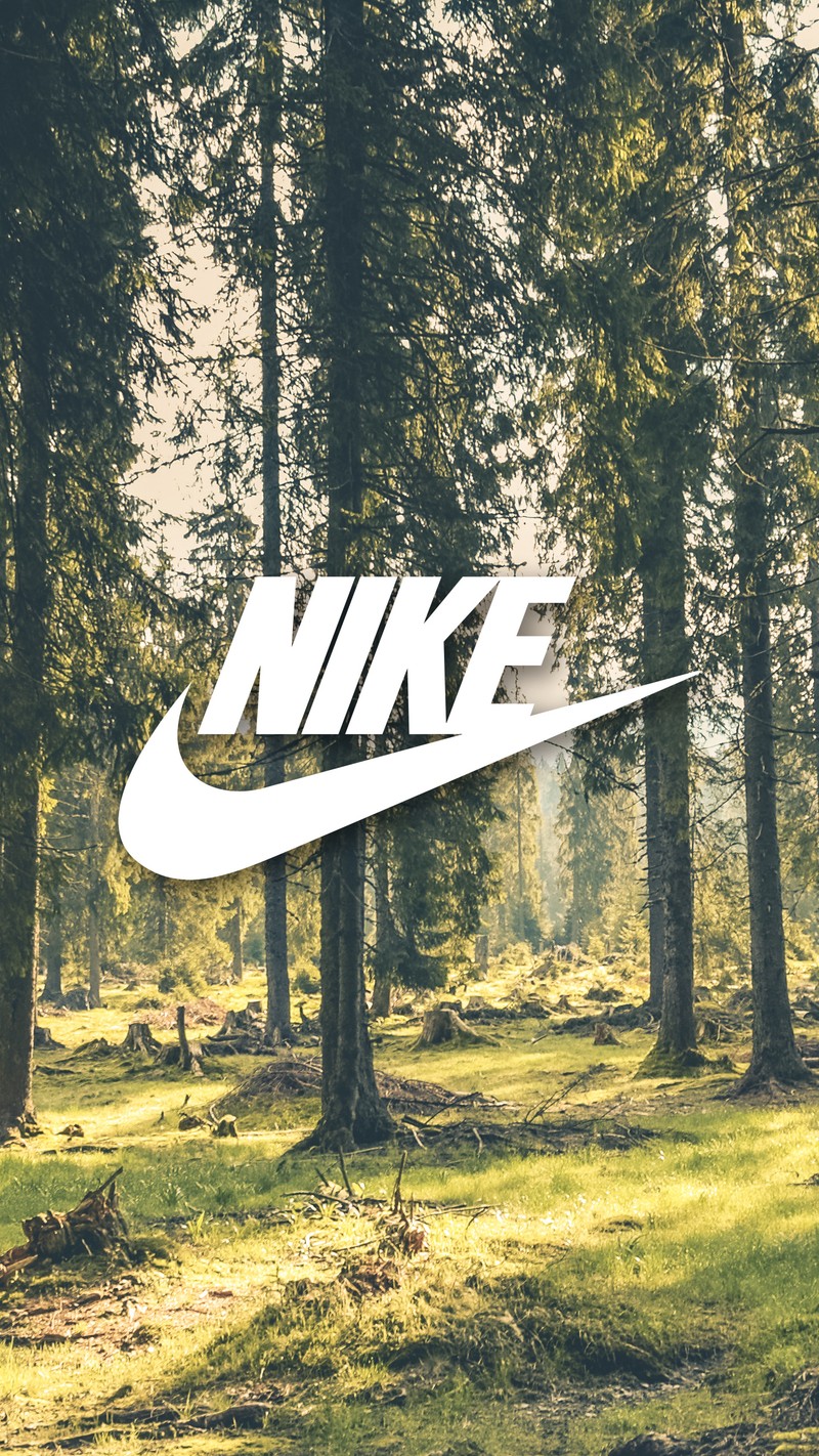 Логотип nike на фоне леса (бренд, лес, зелёный, просто сделай это, логотип)