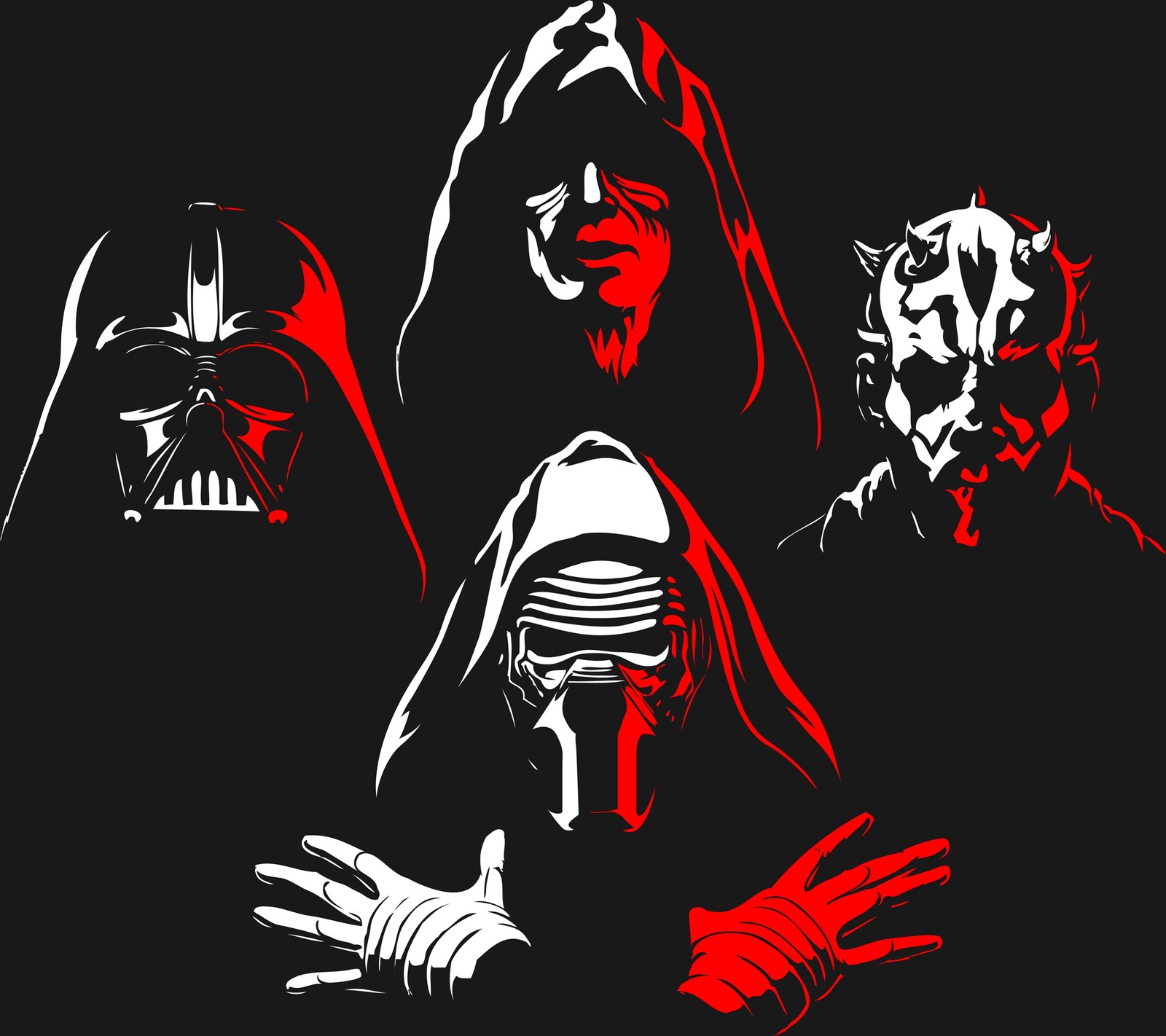 Um close de um grupo de pessoas com diferentes fantasias (darth vader, kylo ren, maul, filme, sith)