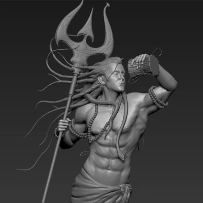 Sculpture of a Hindu deity wielding a trident, symbolizing strength and divinity.