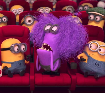 Minions aproveitando um filme com um personagem roxo hilariamente excêntrico em um cinema.