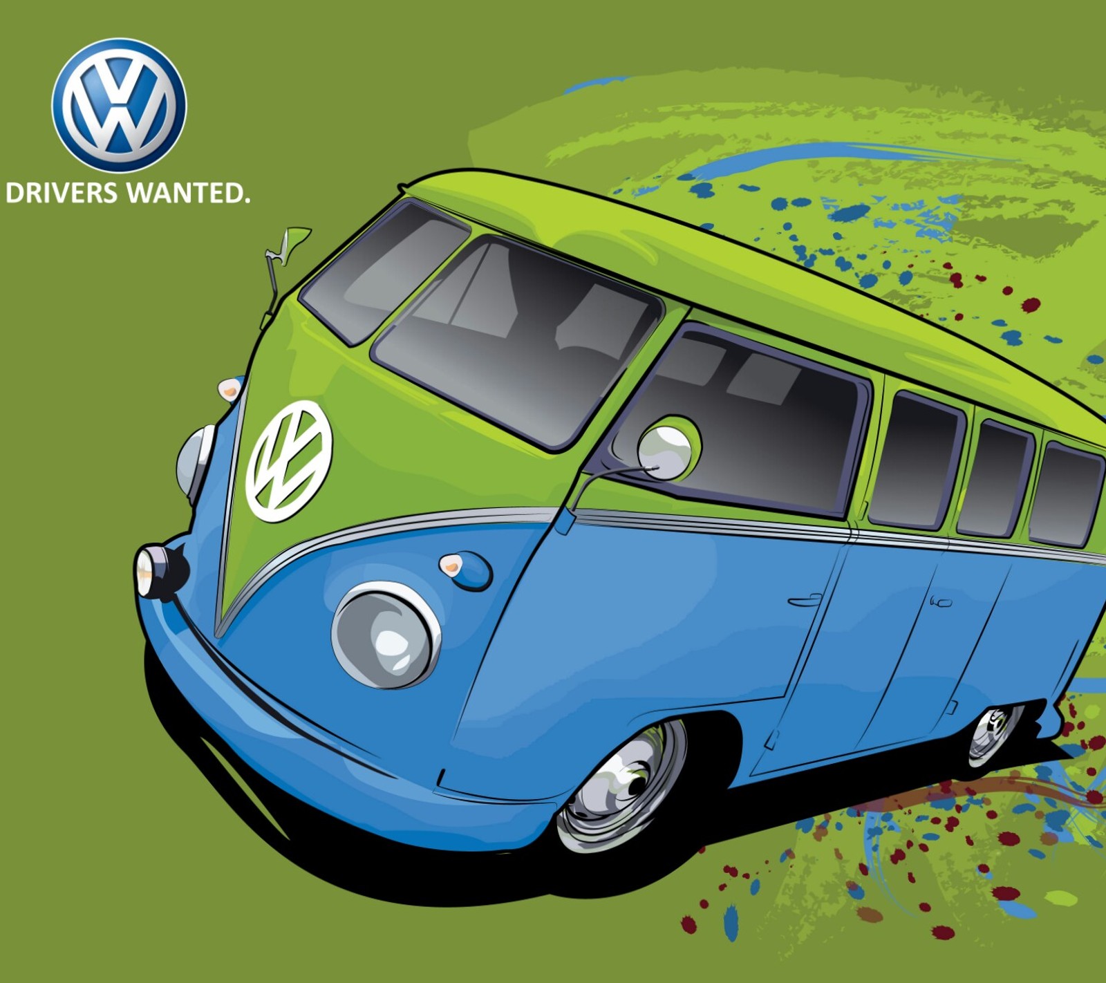 A close up of a blue and green van with a green background (bus, vw)