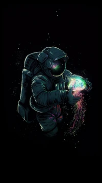 Astronaut Cradling a Colorful Jellyfish in the Cosmos