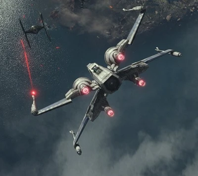 X-Wing kämpft gegen TIE Fighter über Wasser