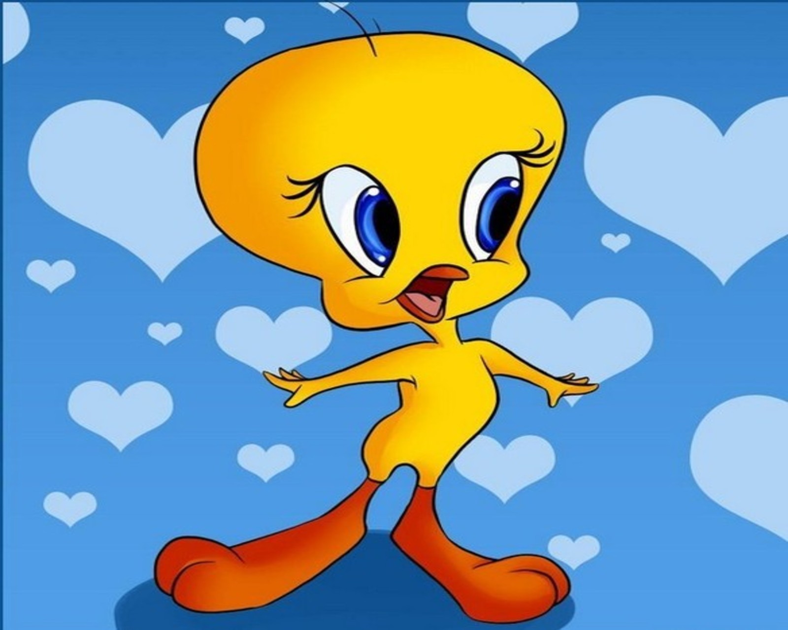 Un pájaro de dibujos animados con un fondo de corazón y un cielo azul (dibujos animados, tweety bird)