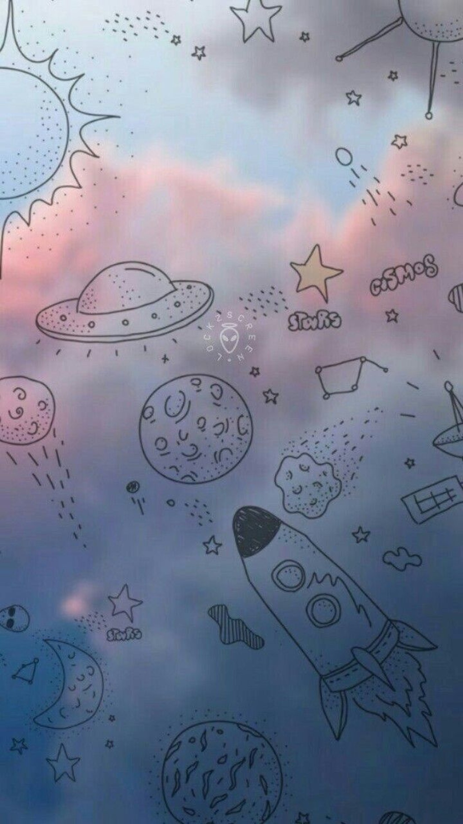 A close up of a drawing of a space theme on a window (aliens, clouds, planets, sky, space)