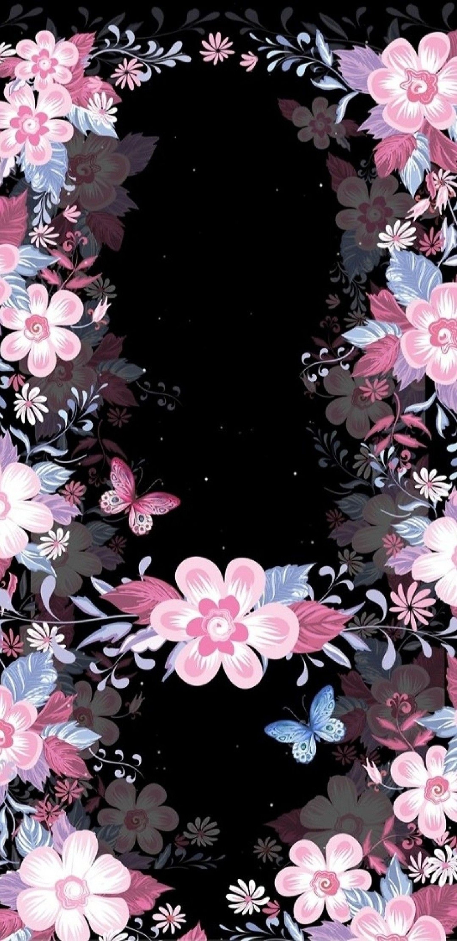 Un primer plano de un fondo negro con un patrón de flores rosa y azul (mariposa, flores)