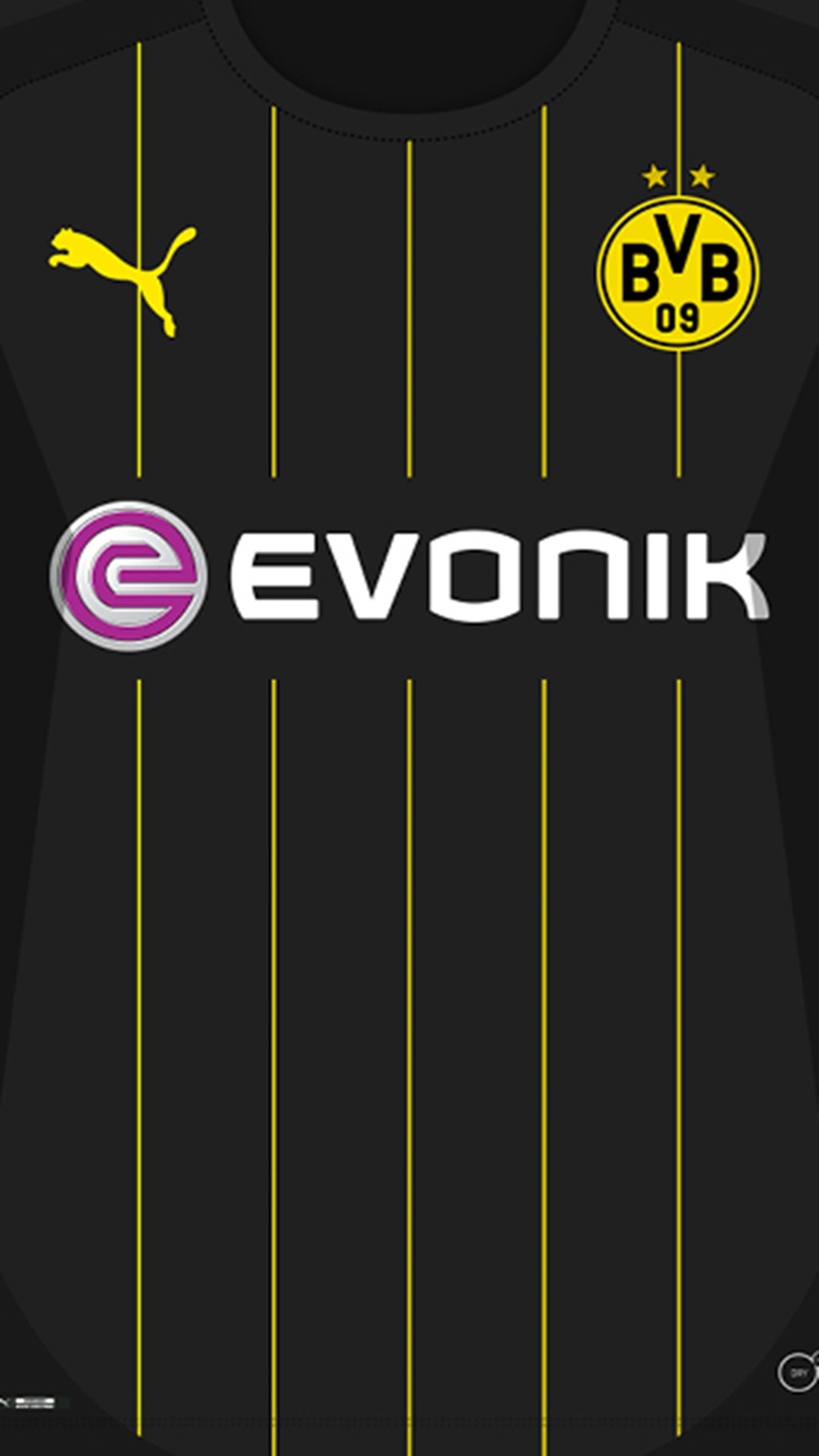 Ein schwarz-gelbes shirt mit einem gelben streifen und einem schwarz-gelben logo (weg, borussia, dortmund, kit)