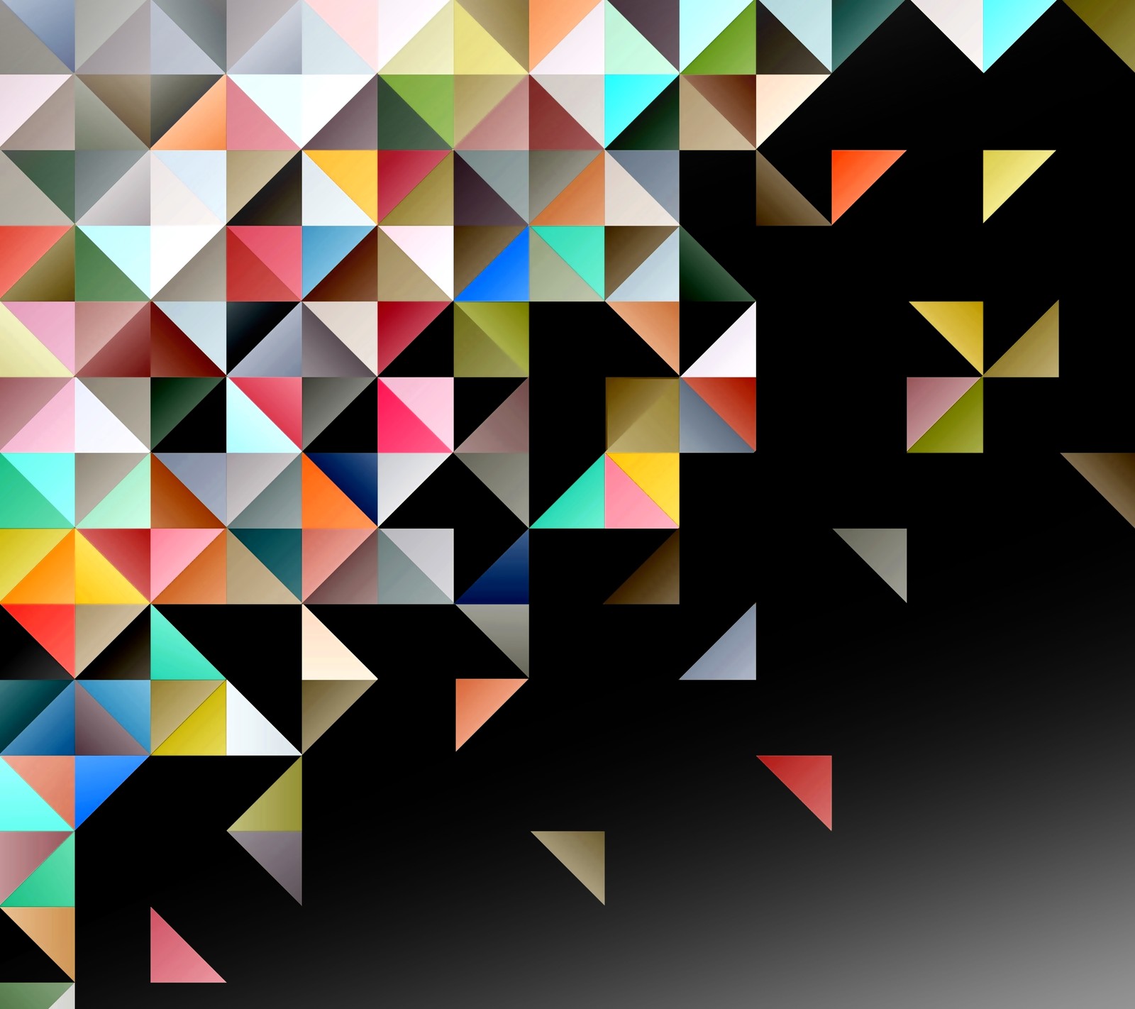 A close up of a black background with a bunch of colorful triangles (abstract, pattern, shape, triangle)