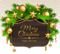 Merry Christmas and Happy New Year: Festive Decorations with Gold Ornaments and Greenery