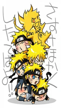 A playful stack of anime characters inspired by Naruto, featuring multiple versions of Naruto and Sasuke, showcasing their unique expressions and iconic headbands.