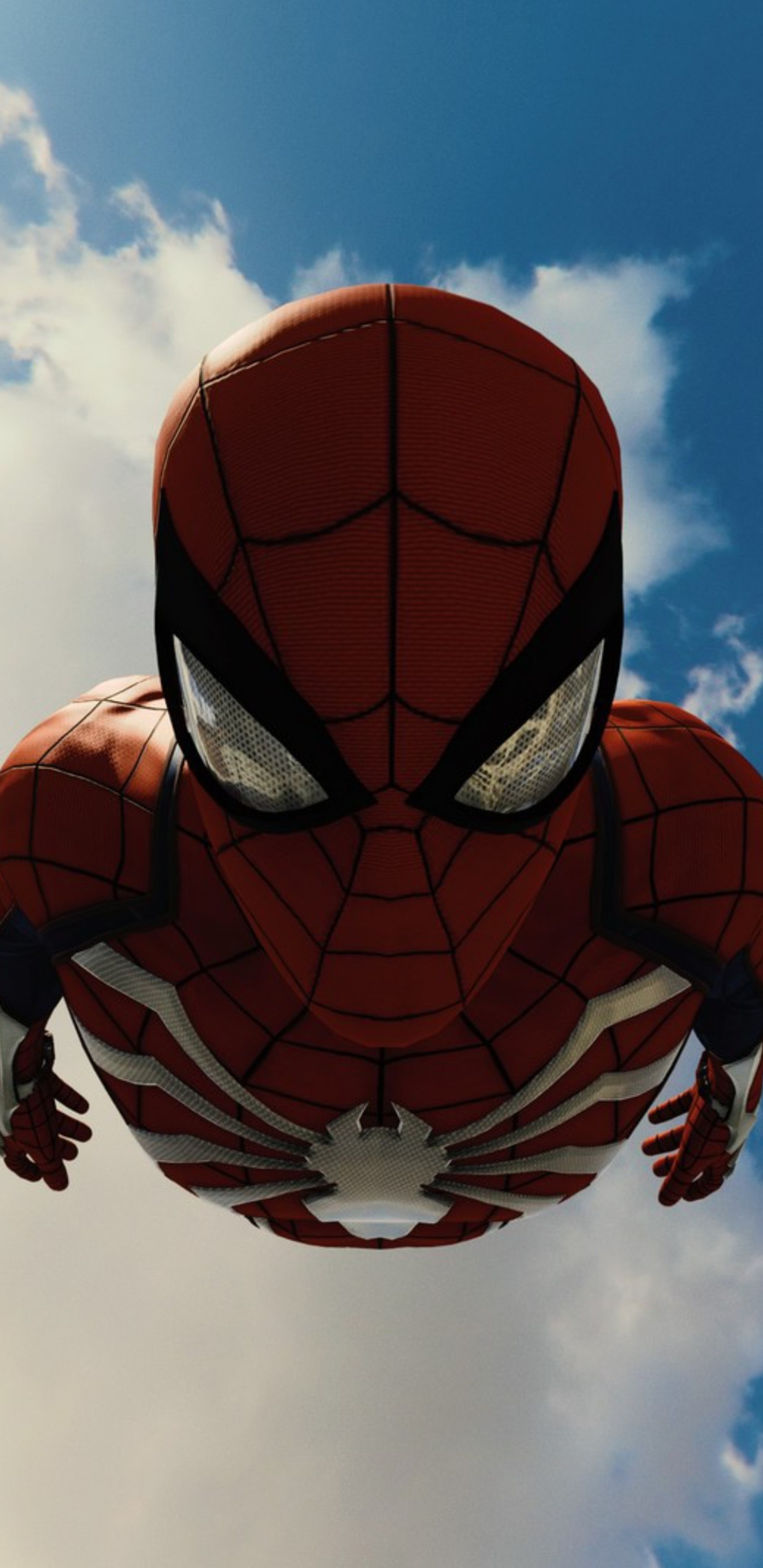 Spider-man volant dans le ciel avec un fond nuageux (marvel, spiderman, avengers, héros, ciel)