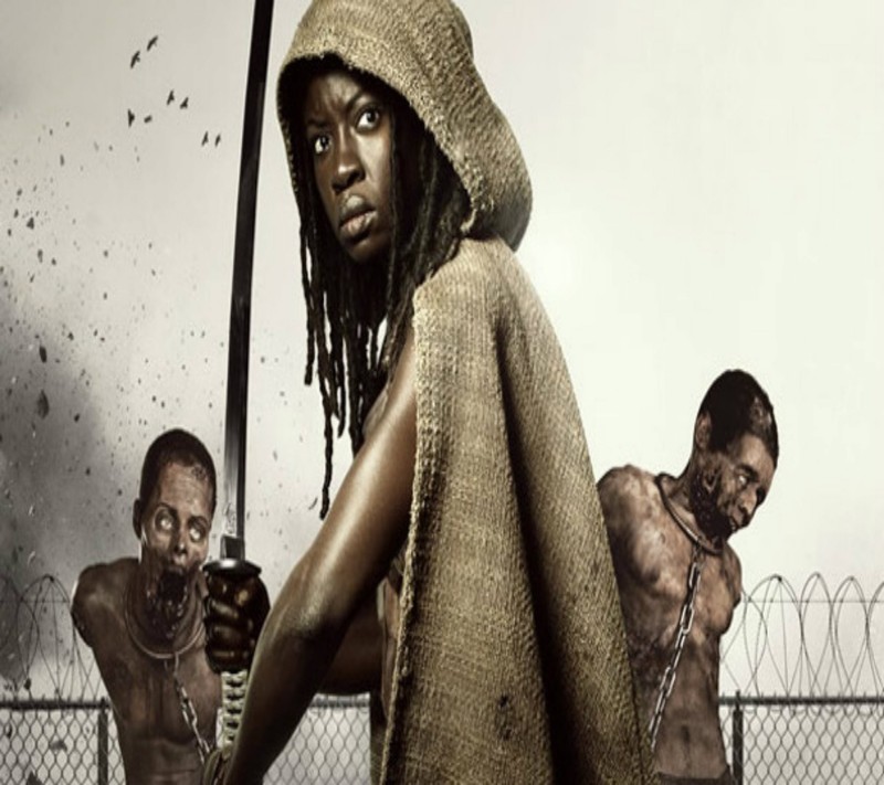 Близкий план человека с оружием рядом с забором (мишон, michonne, ходячие мертвецы, walking dead, зомби)