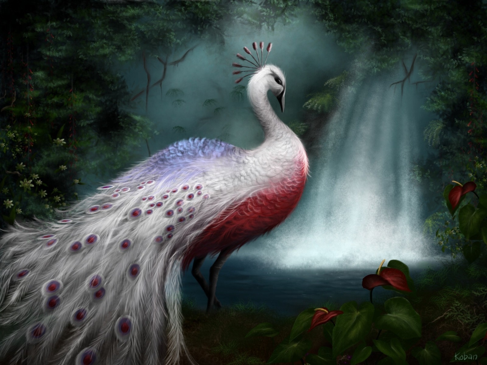 Une peinture d'un paon se tenant devant une cascade (art, oiseau, oiseaux, paon, blanc)