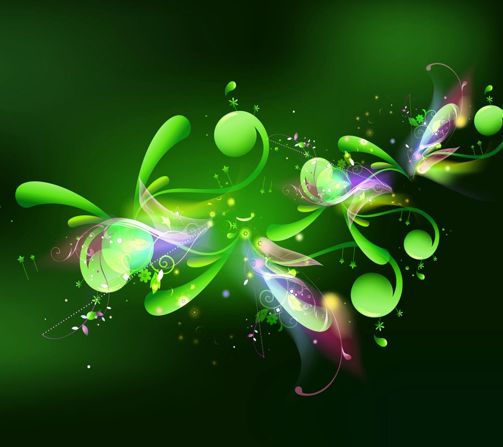 Abstract green background with glowing butterflies and bubbles (abstract, design, green)