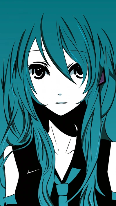 Hatsune Miku avec des cheveux aqua vibrants et un style minimaliste