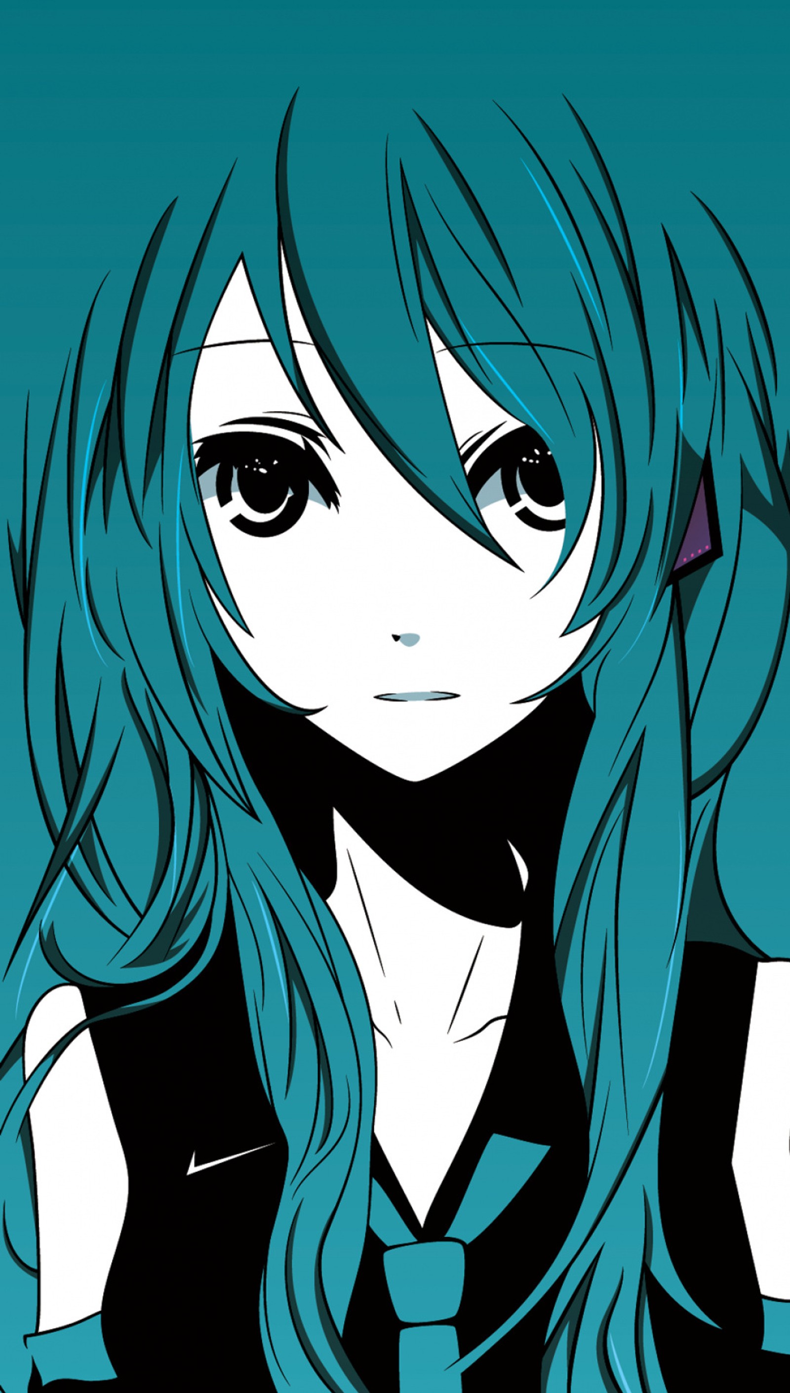 Chica de anime con cabello azul y chaleco y corbata negra (hatsune, miku, voca)