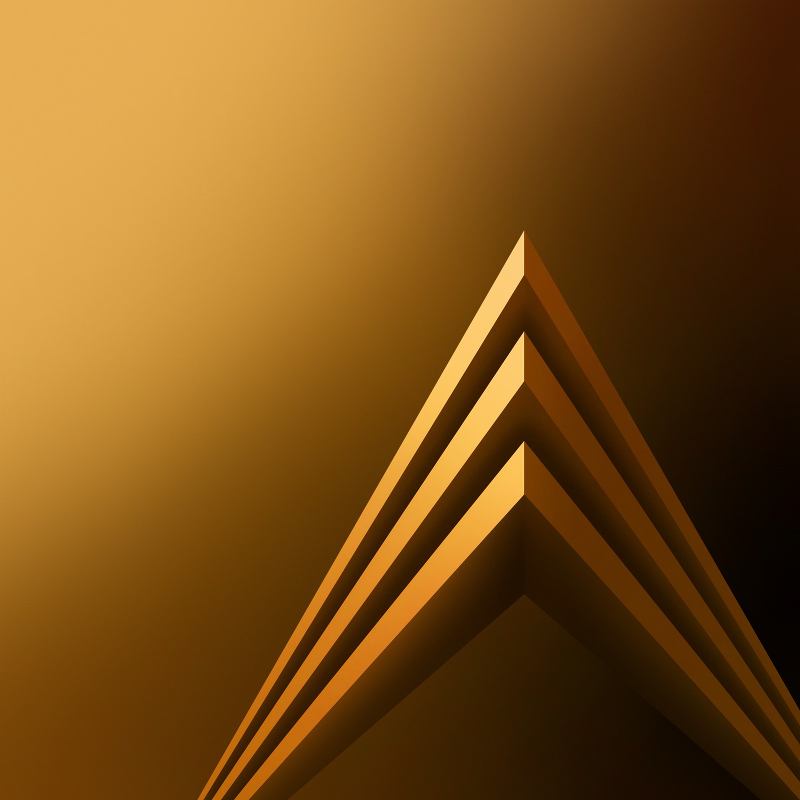 A close up of a triangle shaped object with a brown background (929, a8, abstract, galaxy, gold)